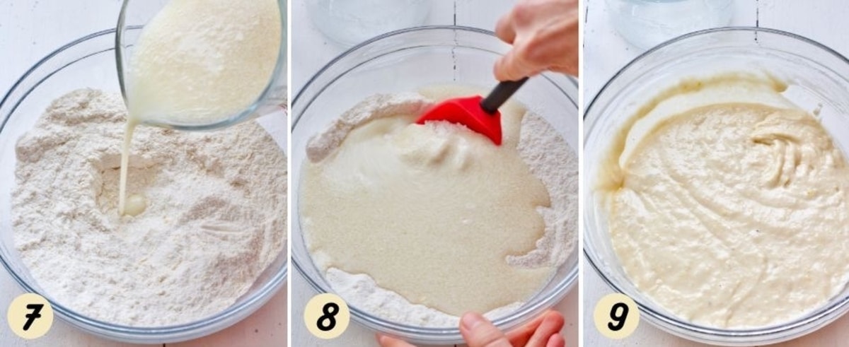 Making cake batter by combining dry and wet ingredients.