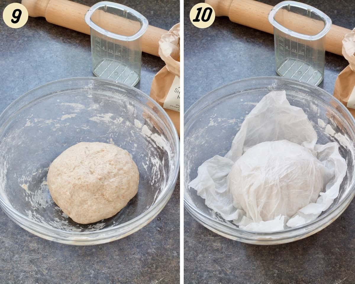 Dough resting in a bowl under a damp towel.