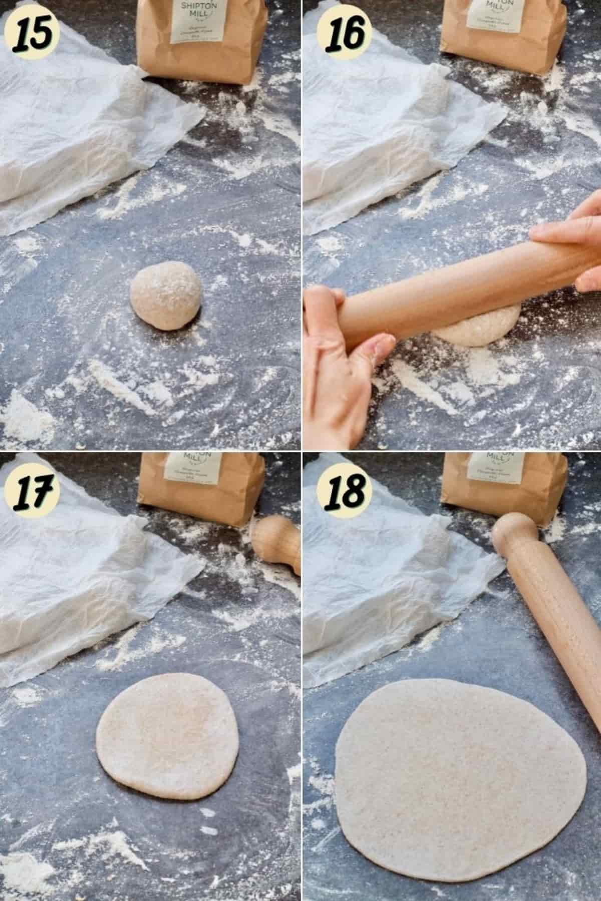 Rolling out the dough to make round flatbread.