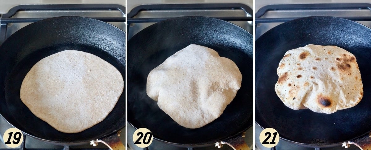 Cooking chapati in a pan.