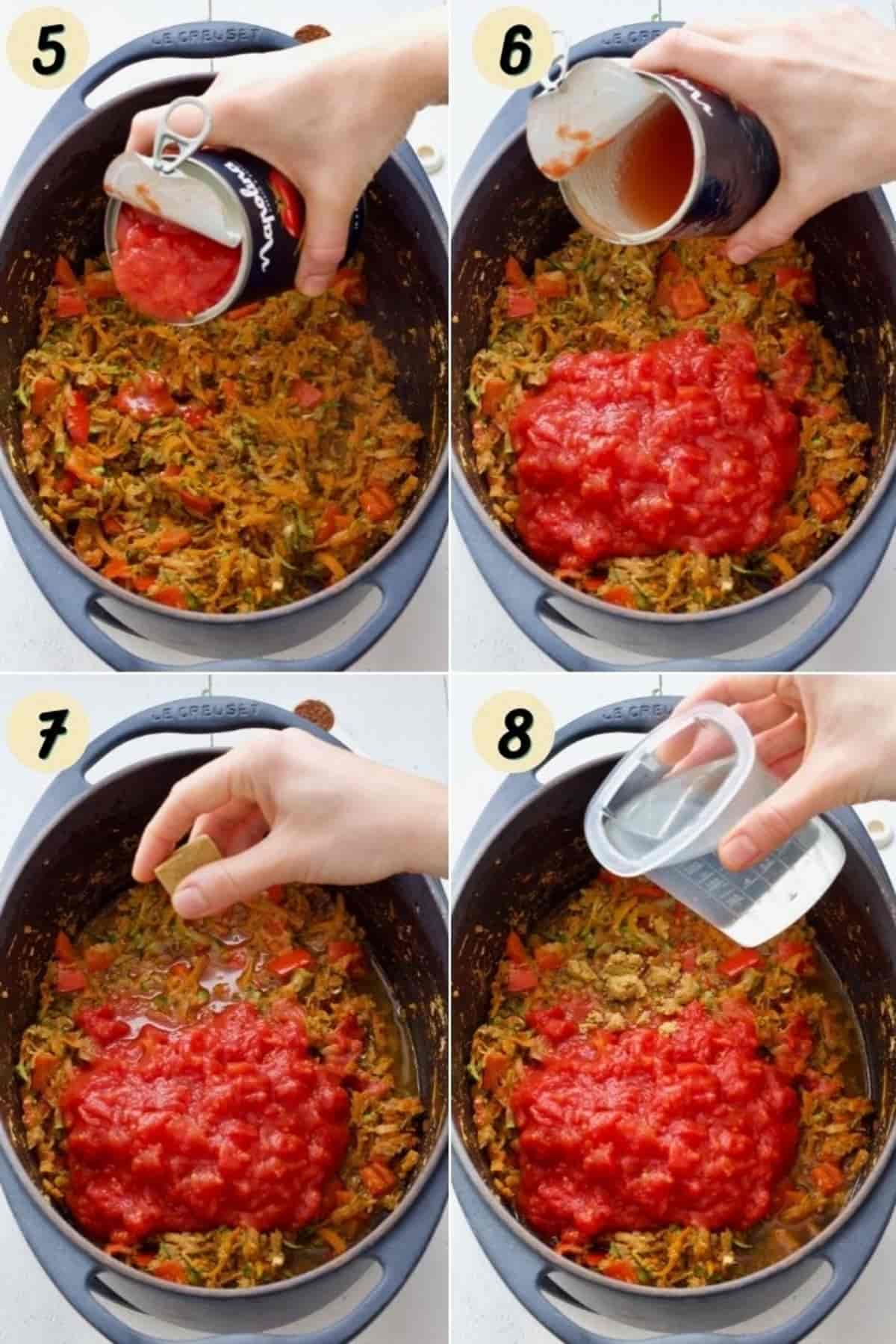 Adding tomatoes, stock cube and water to the pan.