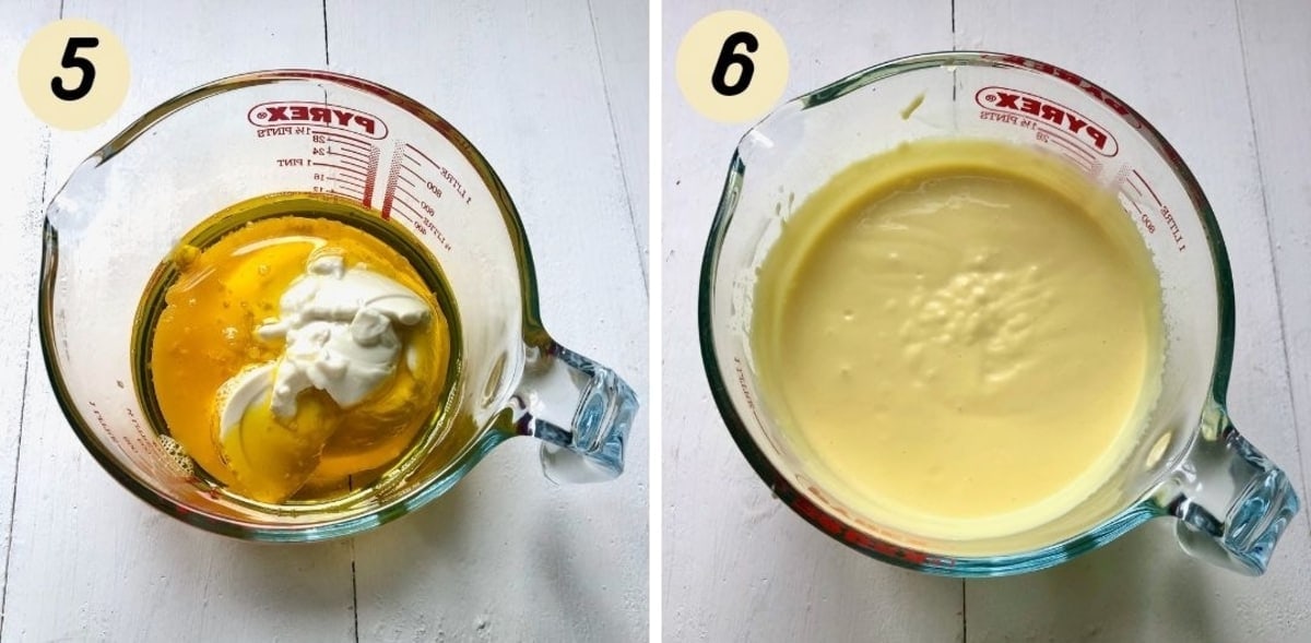 Jug with vegan yogurt and oil before and after mixing.
