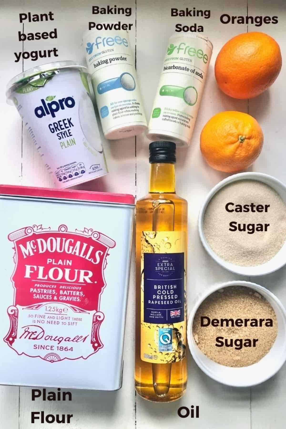 Ingredients for making vegan orange upside down cake.
