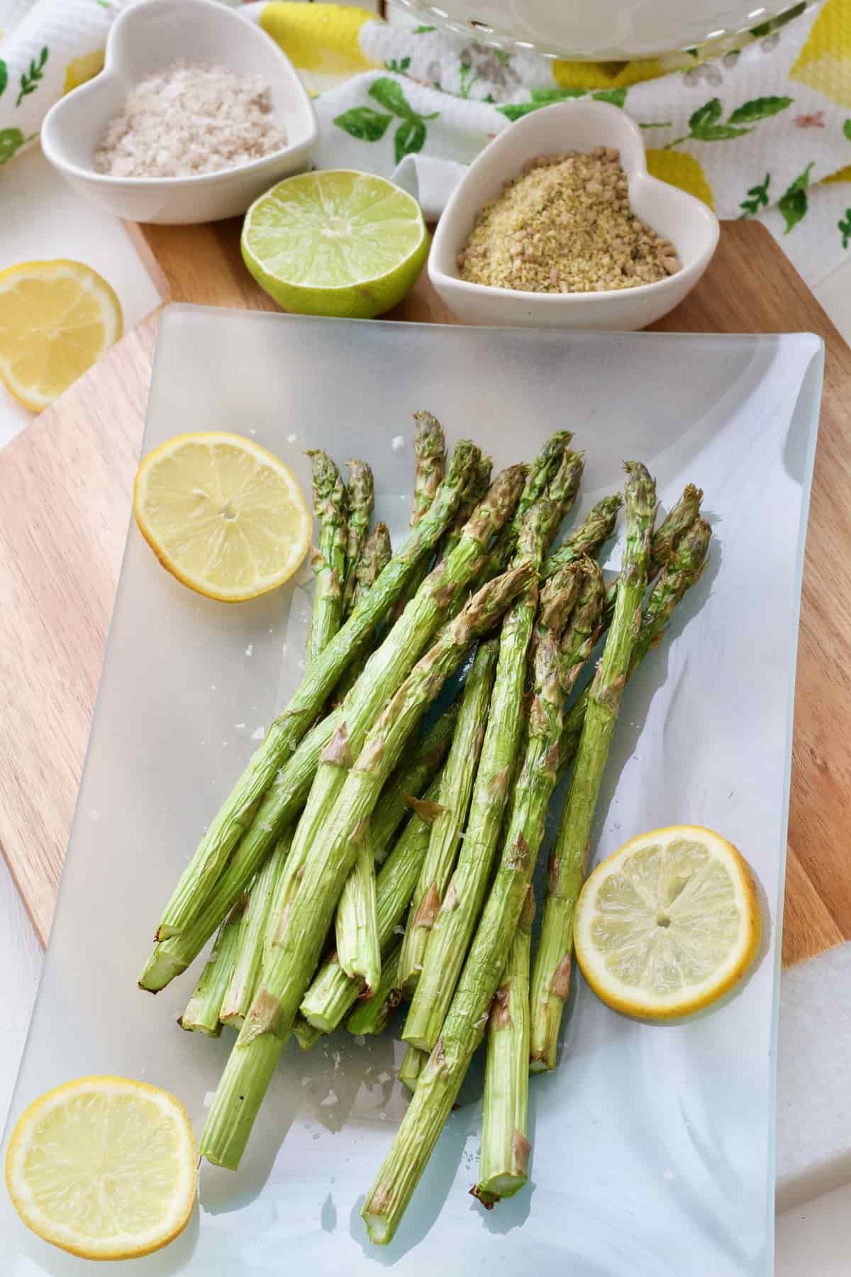 Air fryer asparagus on a platter.