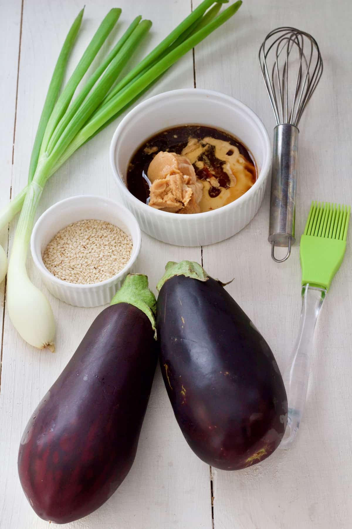 2 aubergines, sesame seeds, spring onions, miso glaze, whisk and pastry brush.