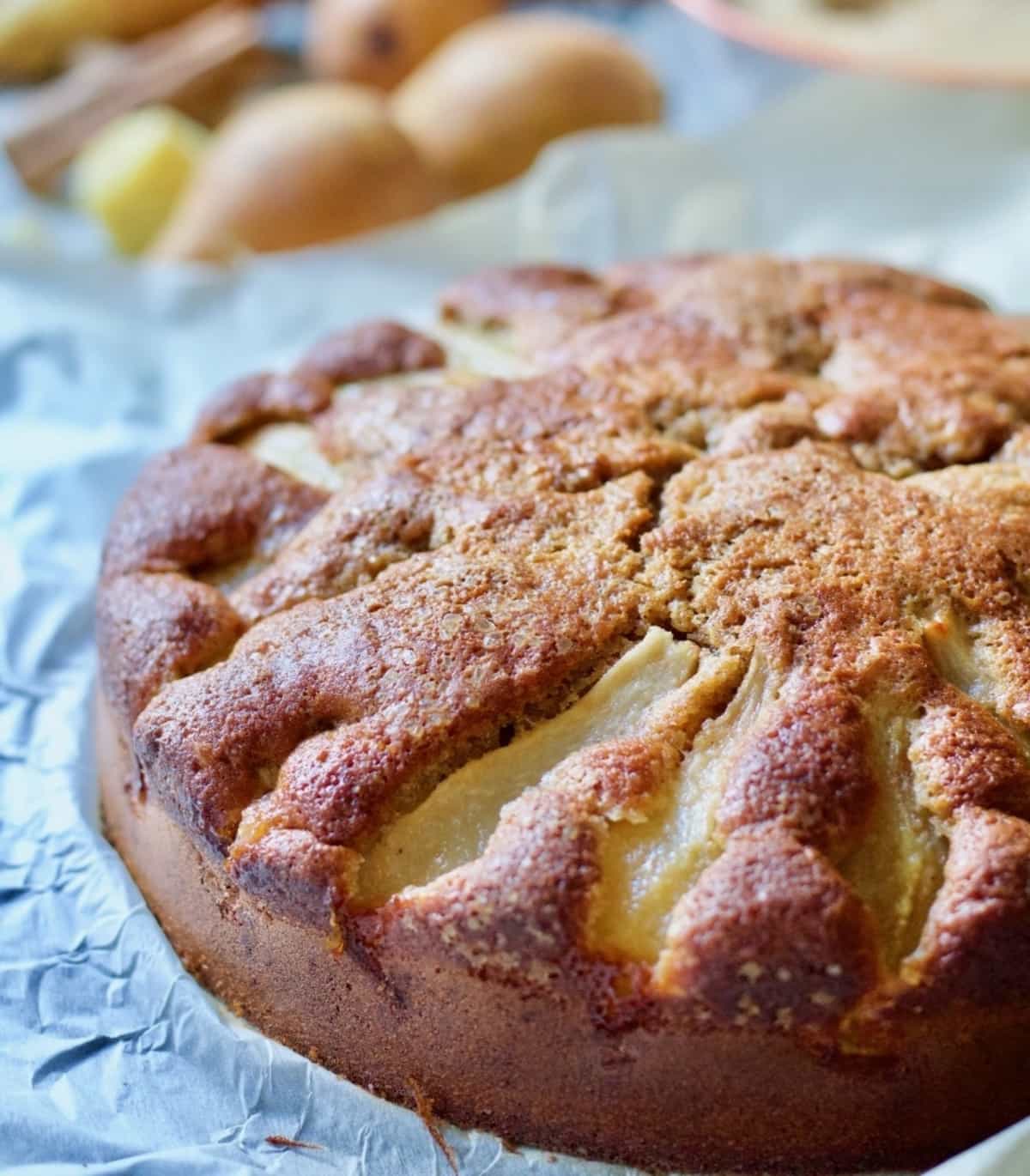 Close up of pear and ginger cake.