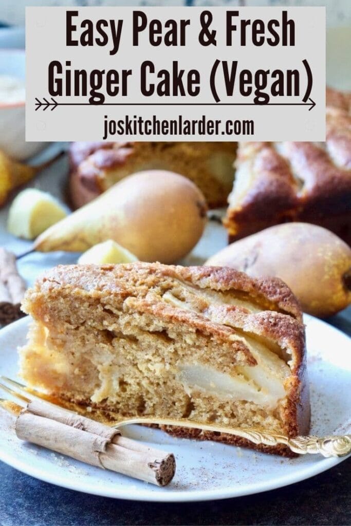 Slice of pear and fresh ginger cake on a plate with a fork.