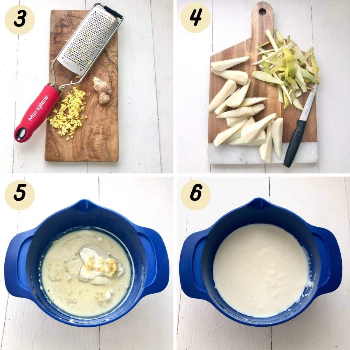 Grating fresh ginger, slicing pears and mixing wet ingredients.