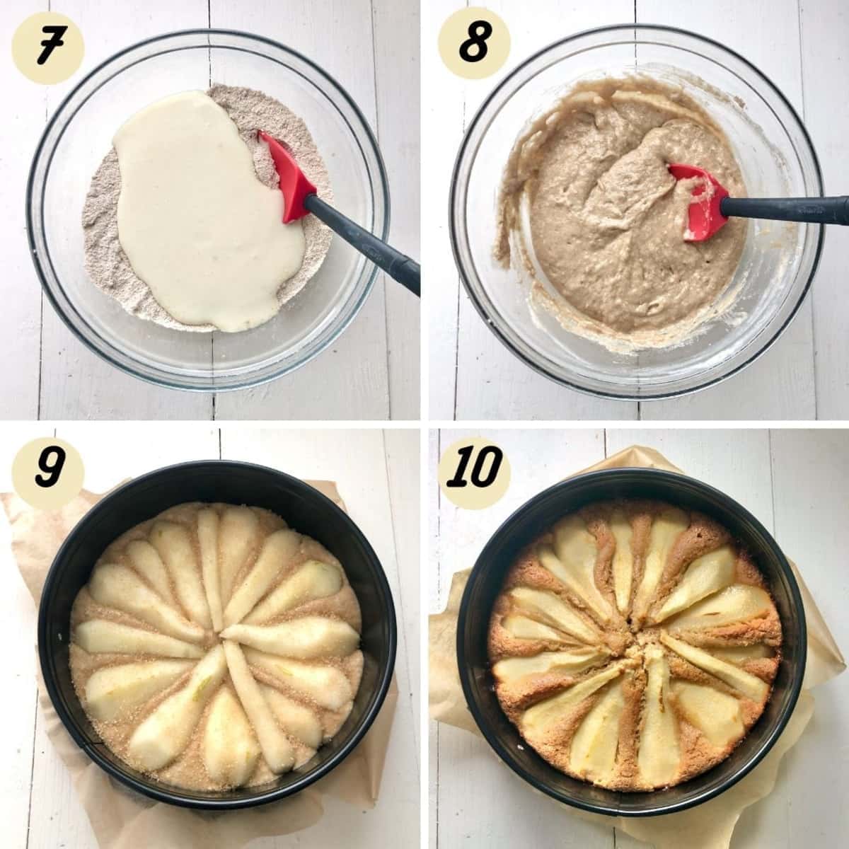 Mixing cake batter and cake before and after baking.