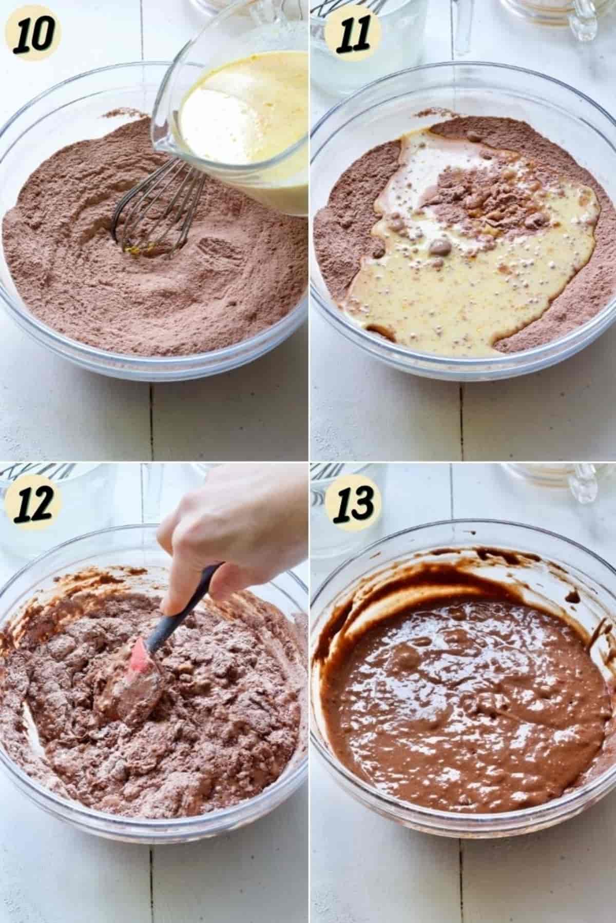 Mixing dry and wet cake ingredients together in a bowl .
