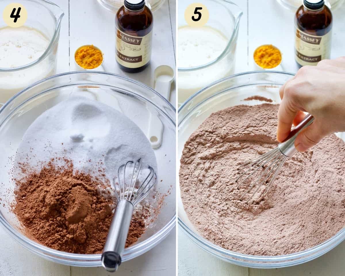 Whisking together dry cake ingredients in a bowl.