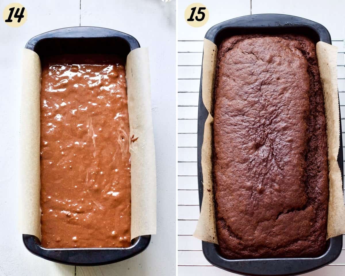 Chocolate orange cake before and after baking.