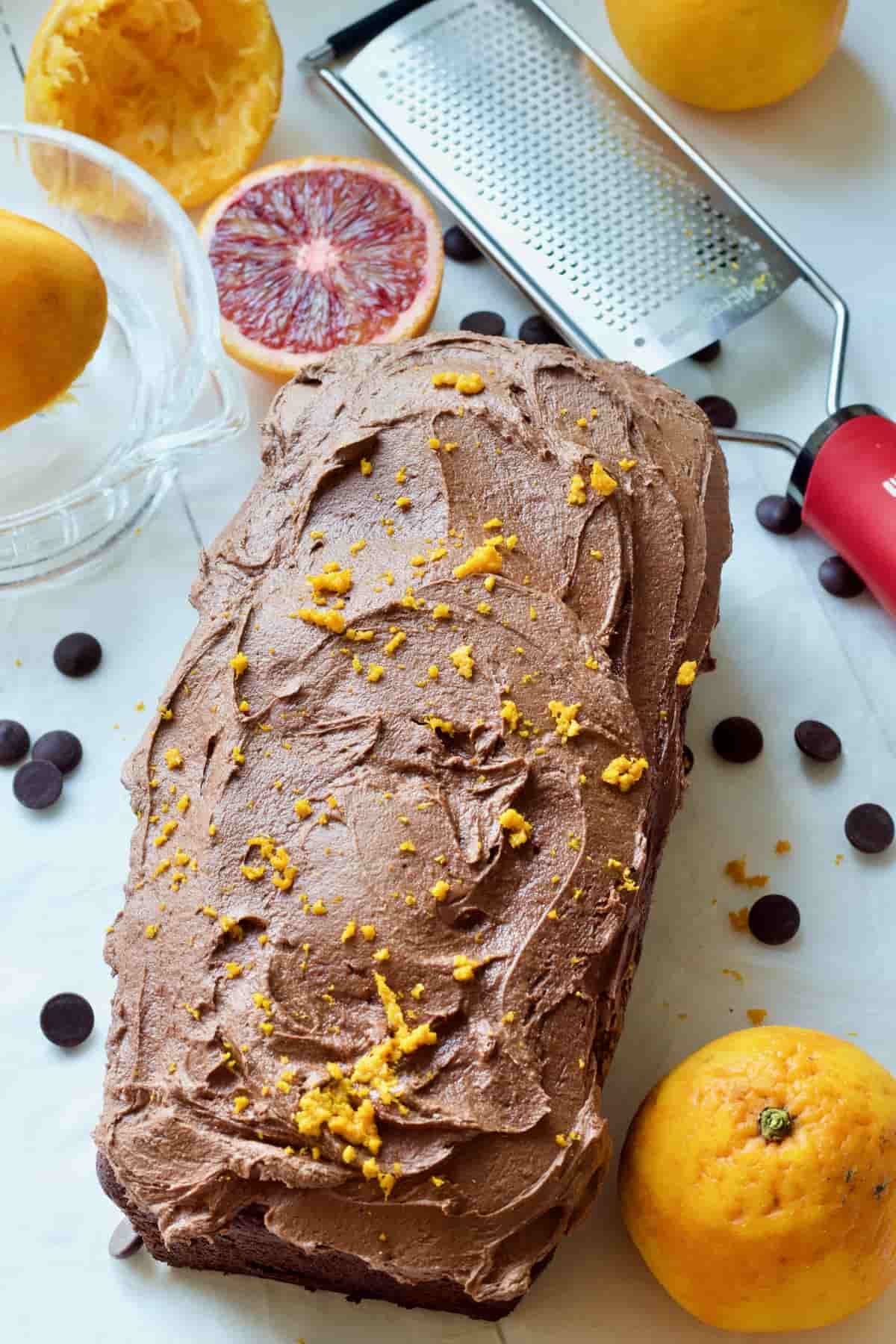 Vegan Chocolate Orange Cake with buttercream and orange zest.