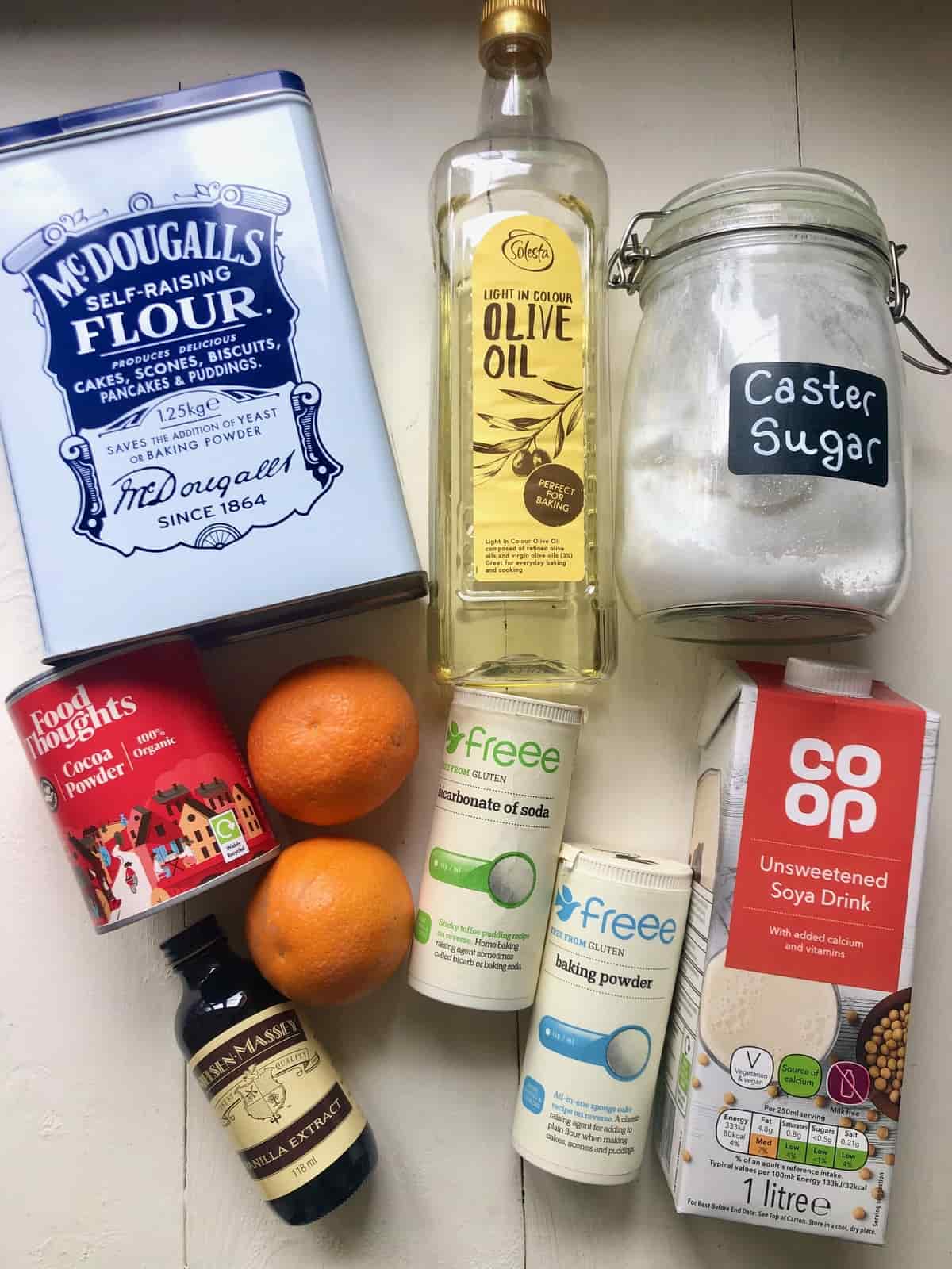 Ingredients for making vegan chocolate orange cake.