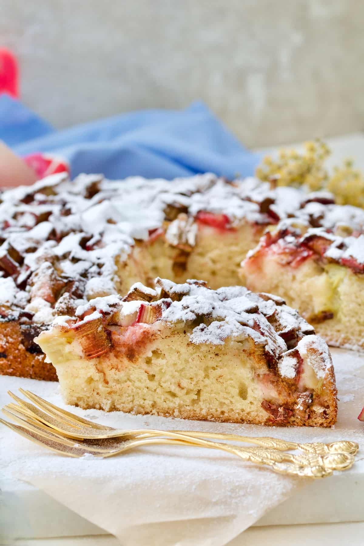Slice of rhubarb cake with forks in front of it.