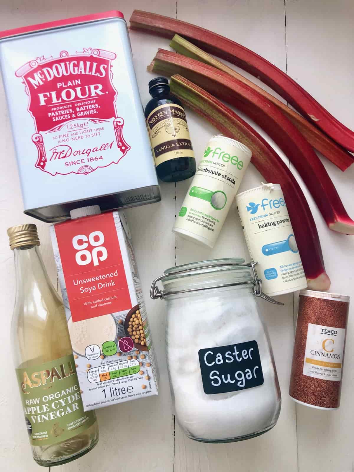 Ingredients for making vegan rhubarb cake.