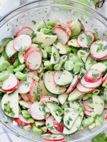 Broad bean summer salad in a bowl.