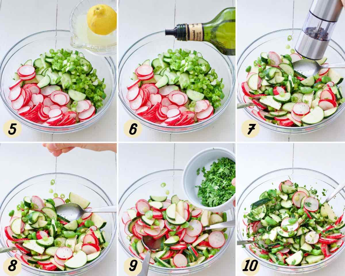 Process of mixing salad ingredients together and adding flavours.