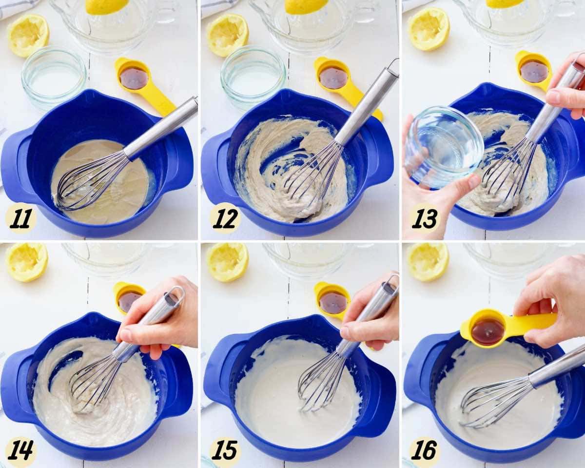 Process of mixing tahini dressing in a bowl.