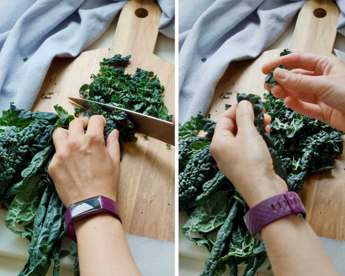 Slicing and tearing black kale.