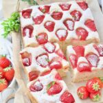 Strawberry yogurt cake close up.