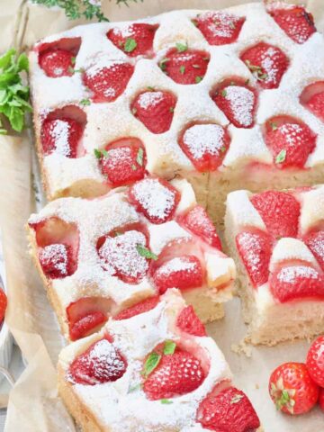 Strawberry yogurt cake close up.