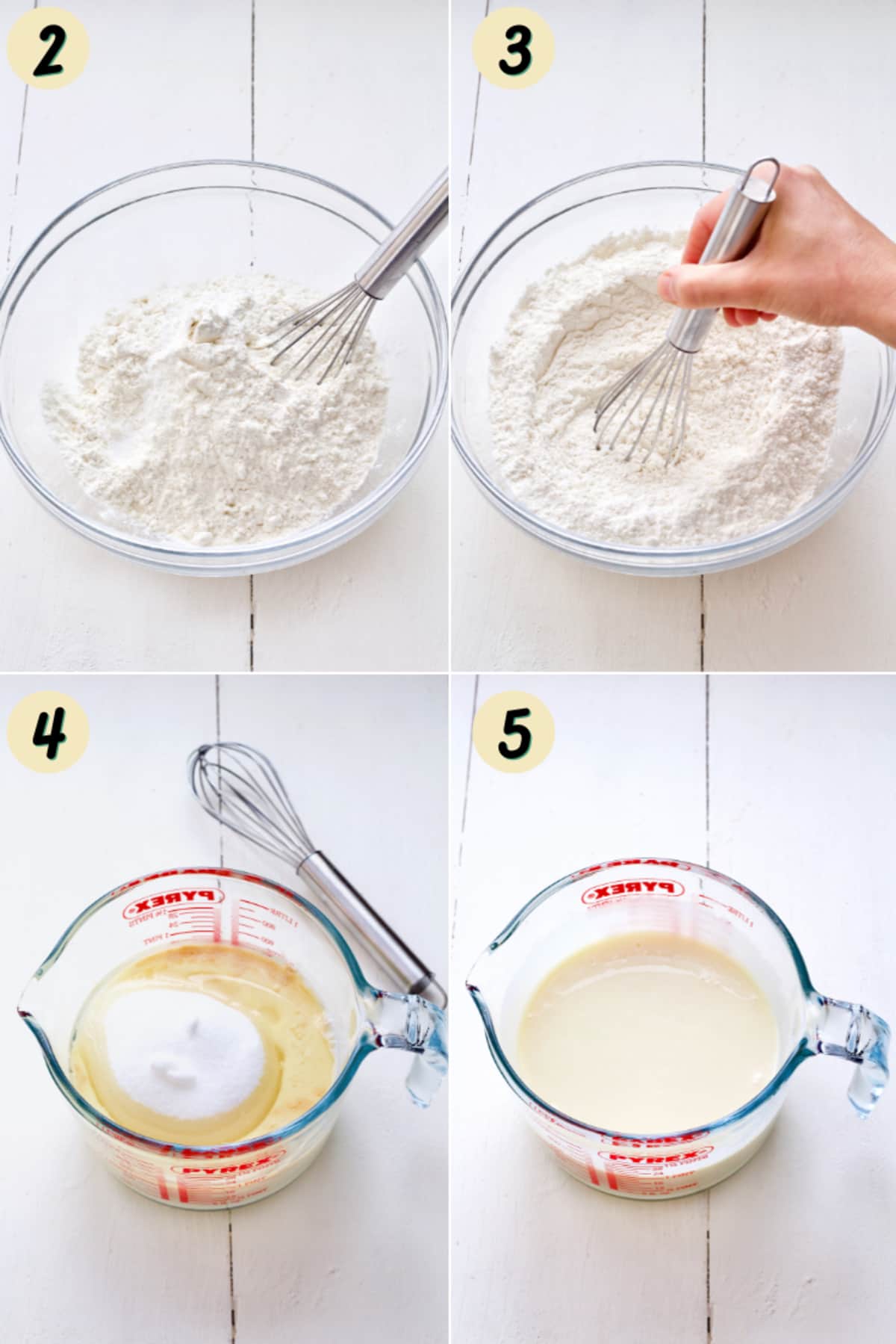 Whisking dry ingredients in a bowl and wet ones in a jug.