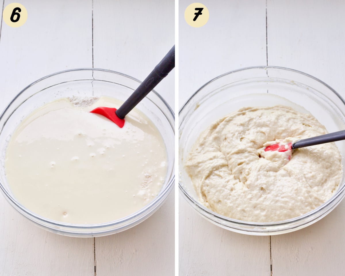 Mixing cake batter in a bowl.