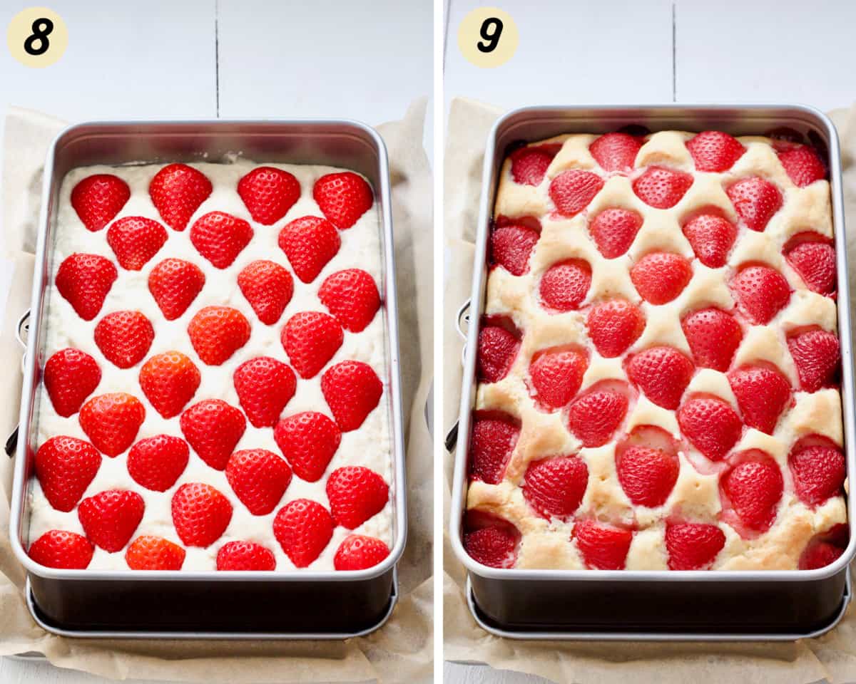 Strawberry yogurt cake before and after baking.
