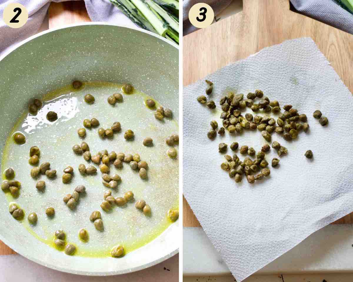 Pan frying capers and then soaking up the fat on paper towel.