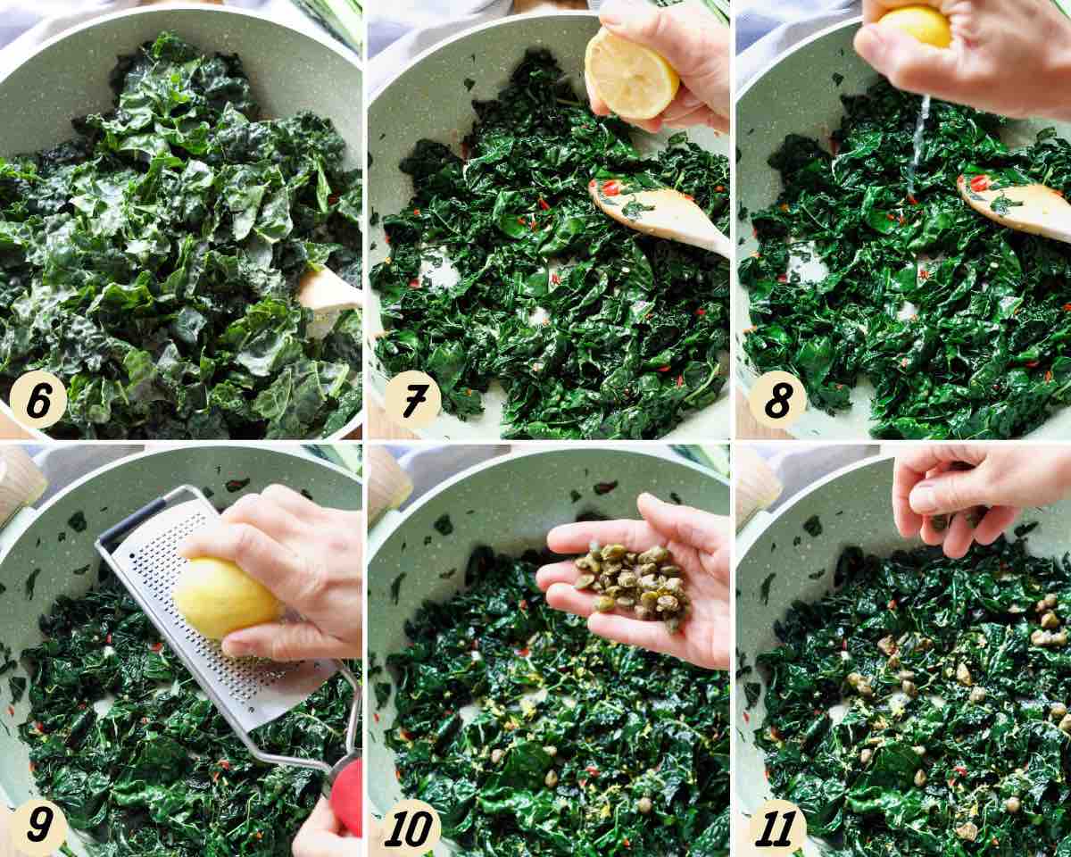 Process of pan frying black kale, adding lemon and capers.