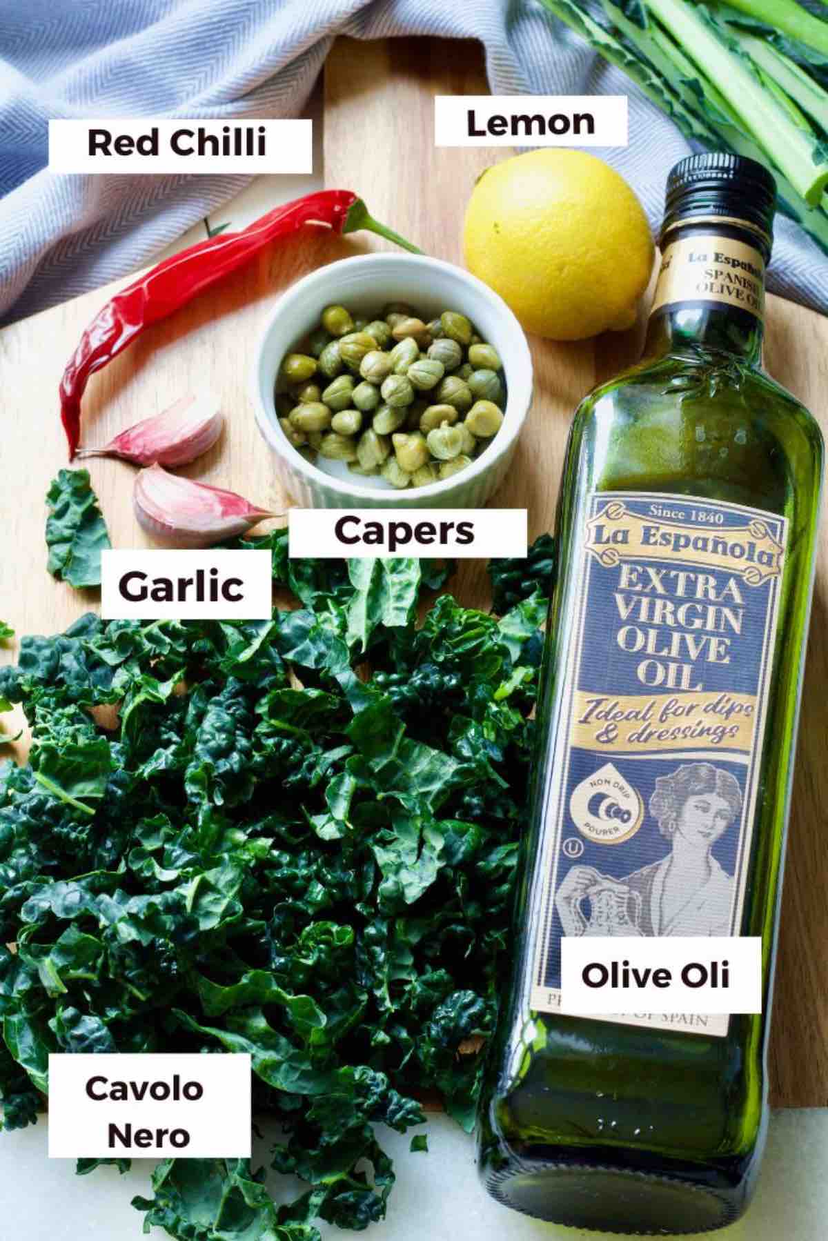 Ingredients for making stir fried cavolo nero recipe.