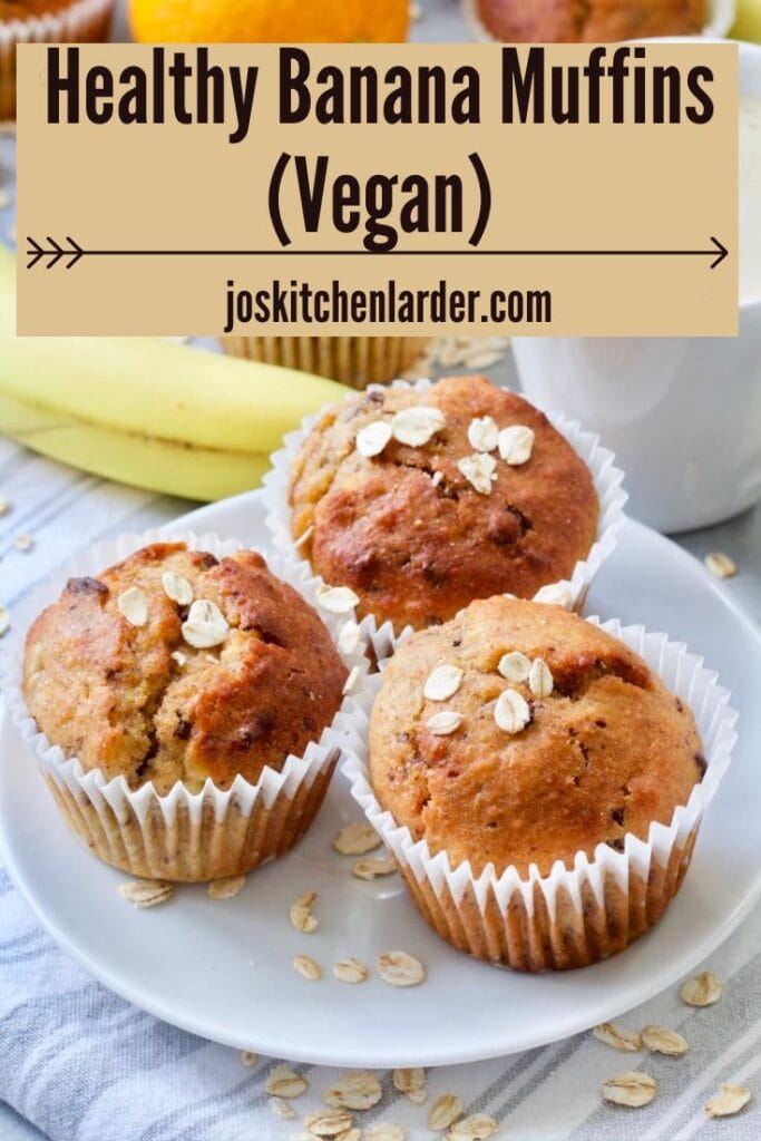 Three vegan banana muffins on a plate with coffee behind.