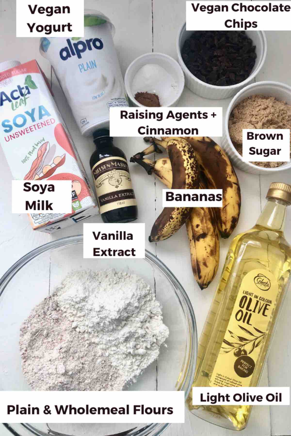 Ingredients for making healthy banana muffins.