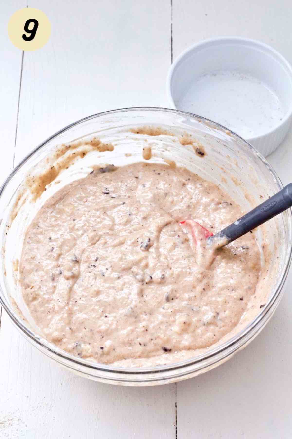 Healthy banana muffins batter in a bowl.