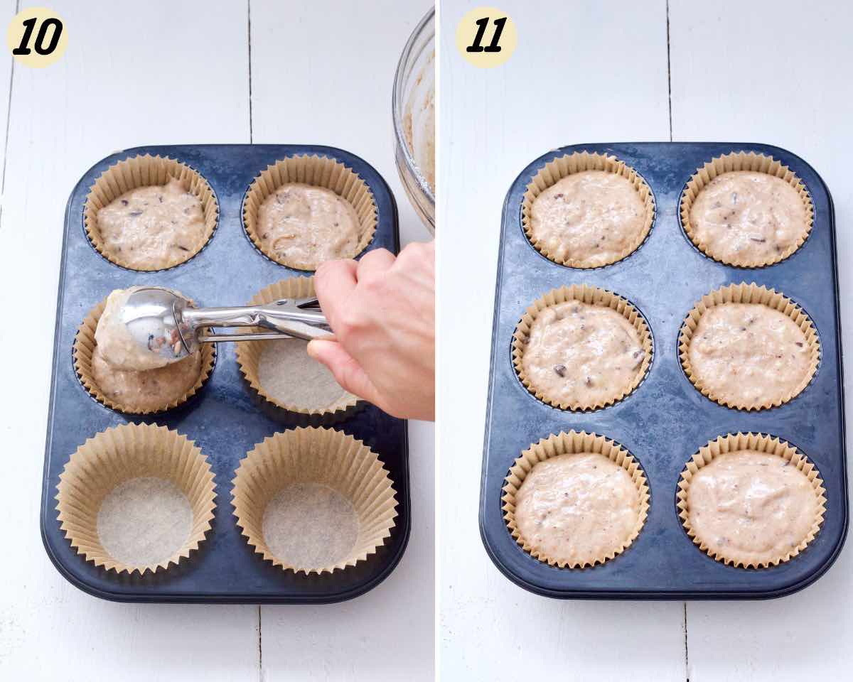 Scooping muffin batter into muffin cases.