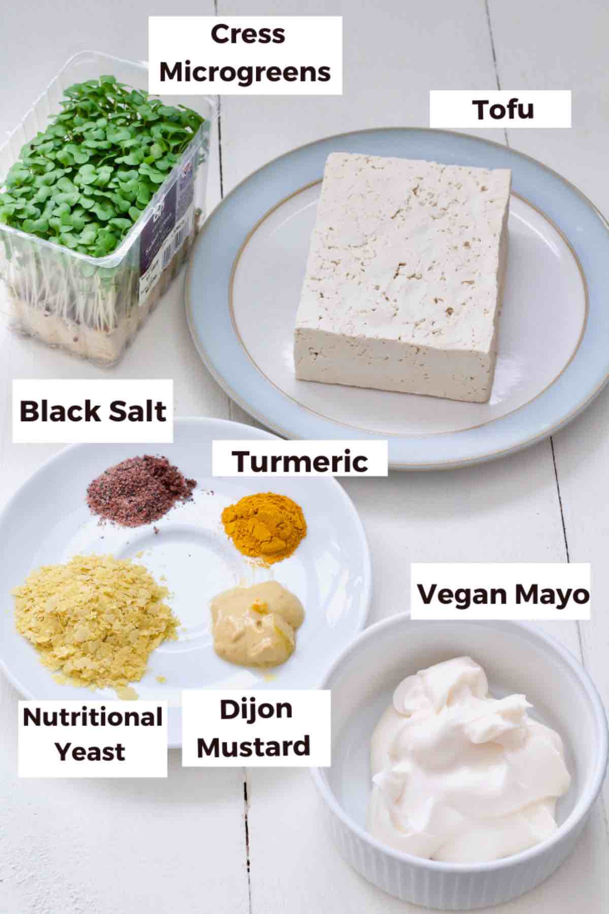 Ingredients for making vegan egg salad.