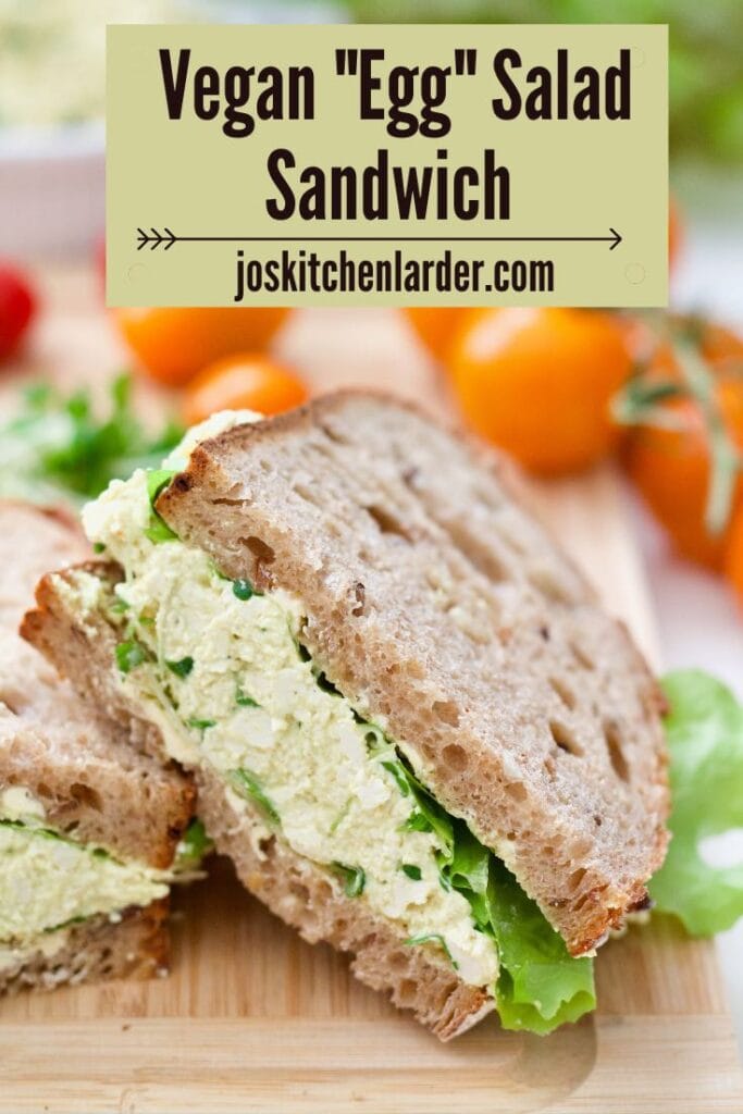 Vegan egg salad sandwich angle close up.
