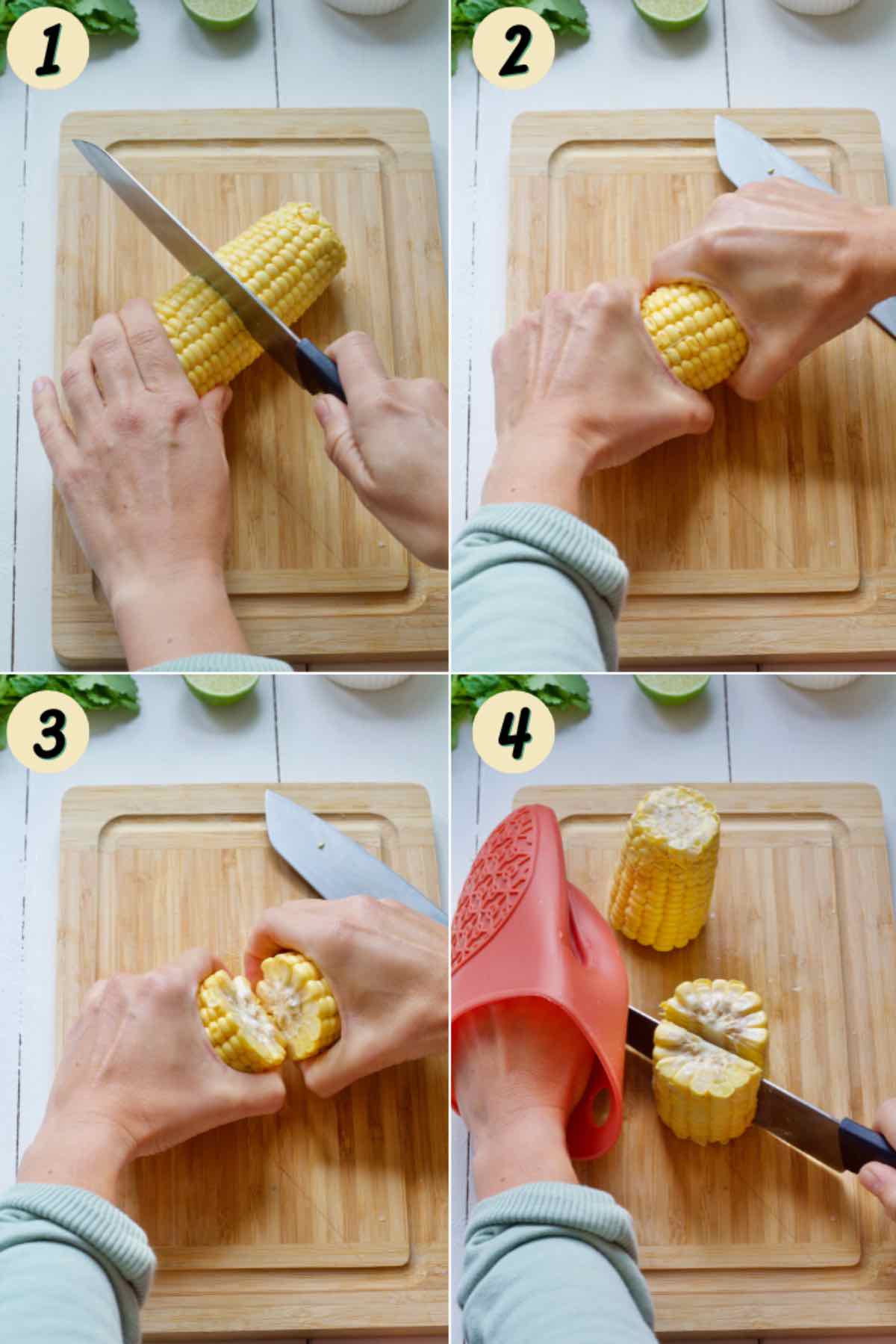 Cutting whole corn on the cob into halves.