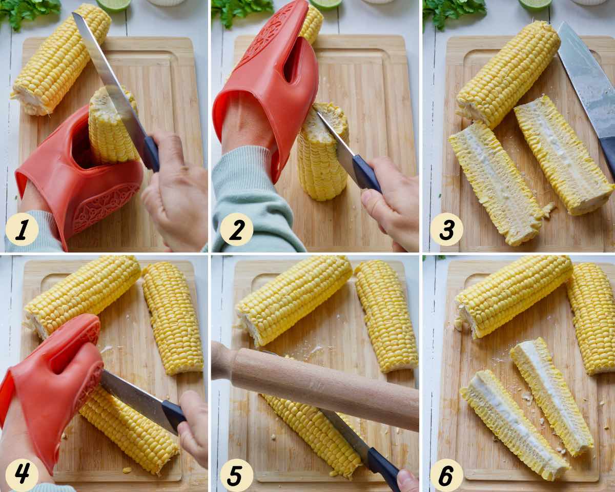 Cutting whole corns on the cob into quarters.