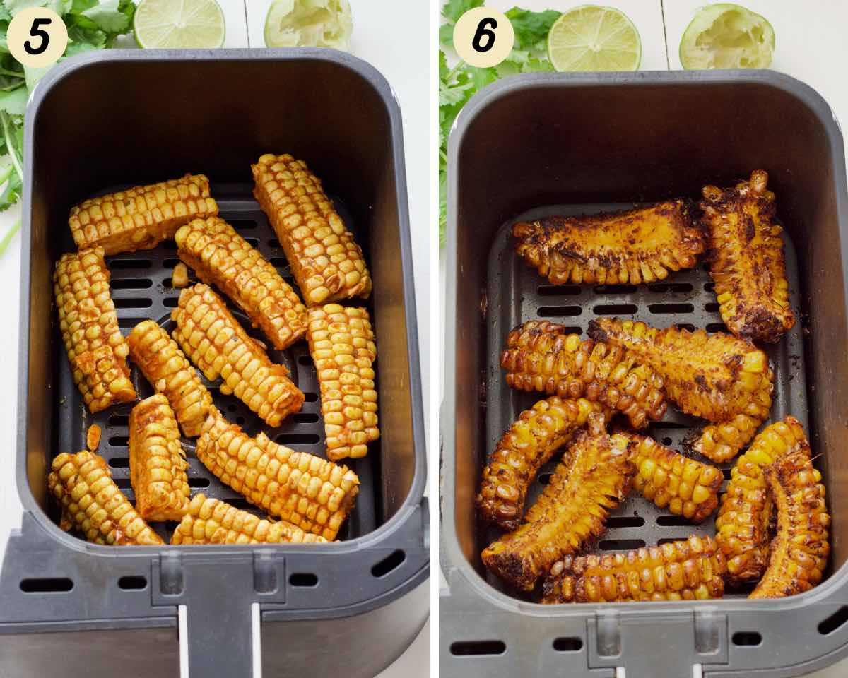 Corn ribs before and after air frying.