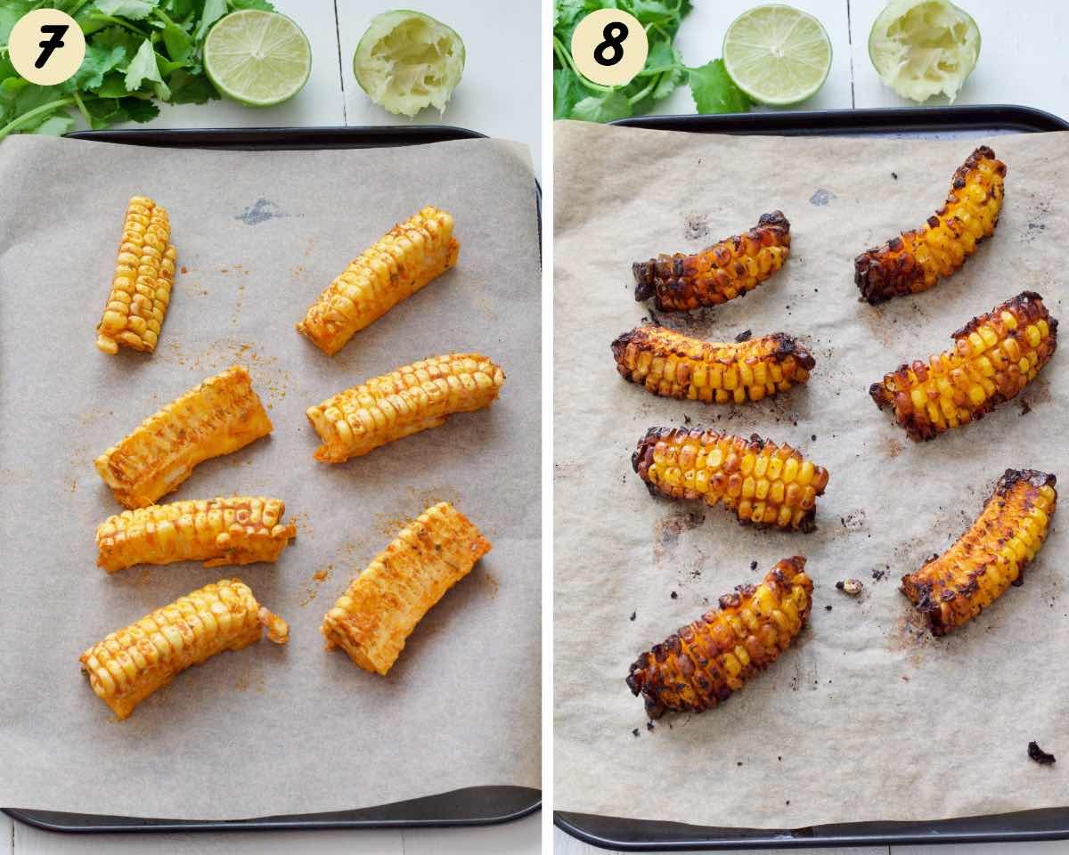 Corn ribs before and after baking in the oven.