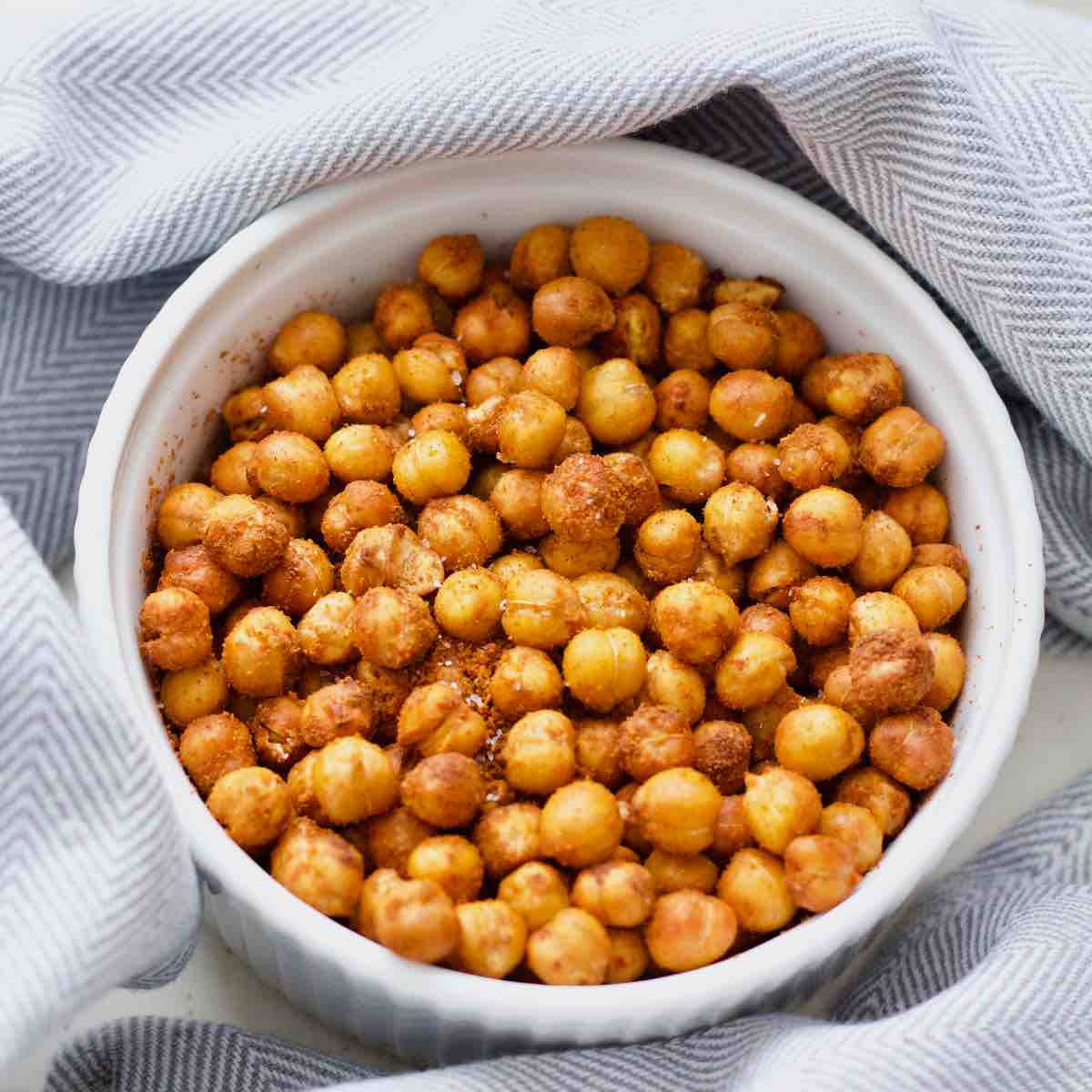 Close up of air fried chickpeas in a bowl.