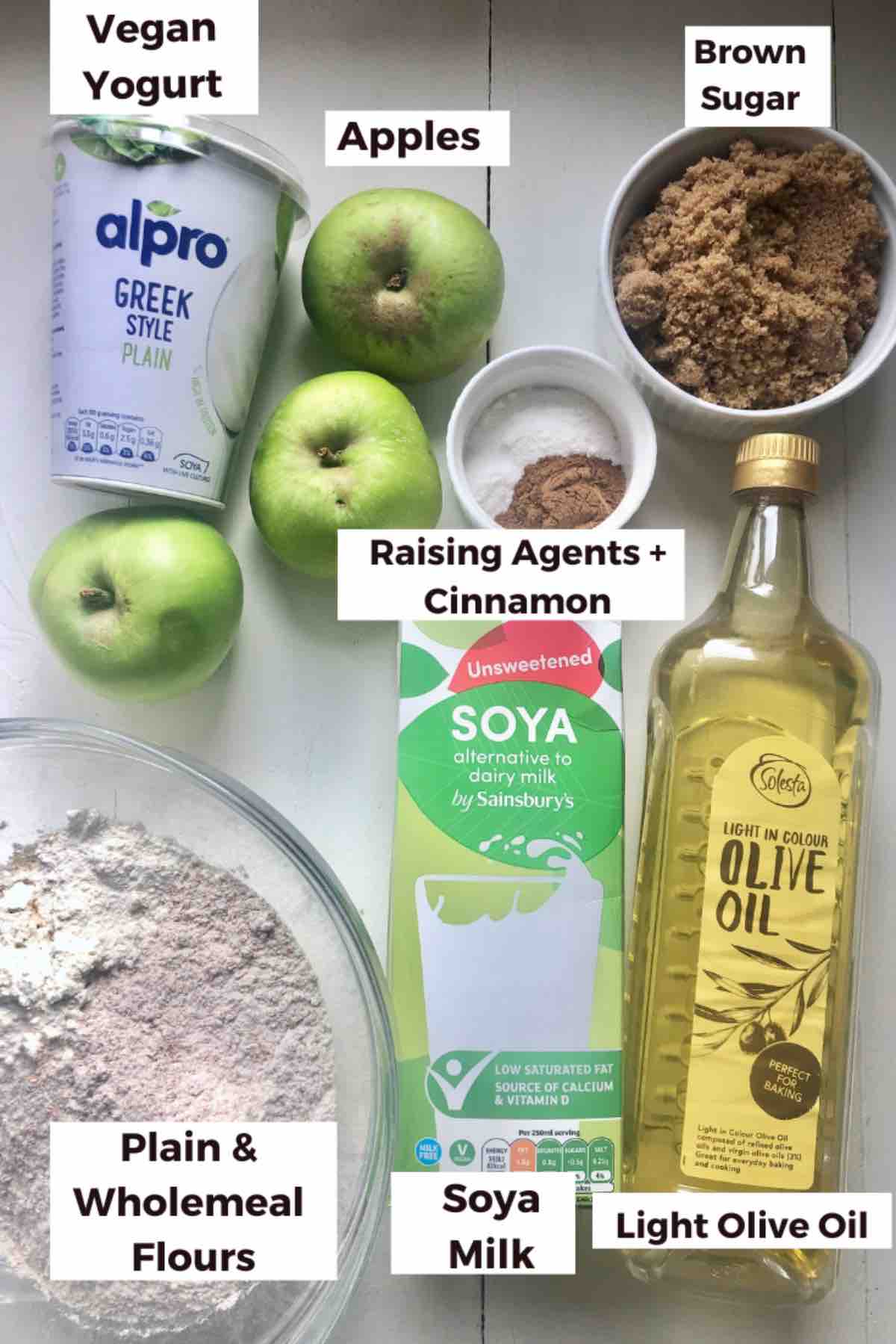 Ingredients for making apple and cinnamon muffins.