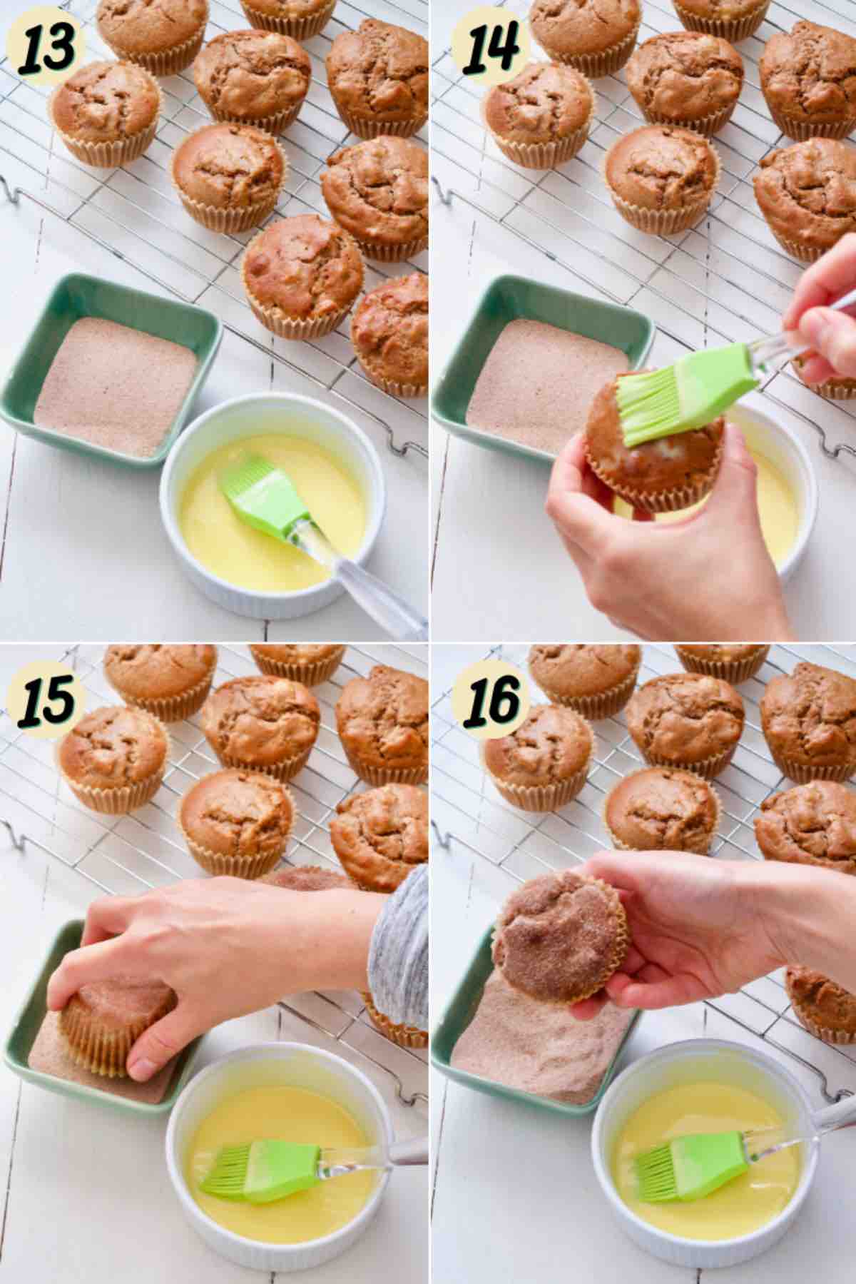 Topping baked apple muffins with cinnamon sugar.