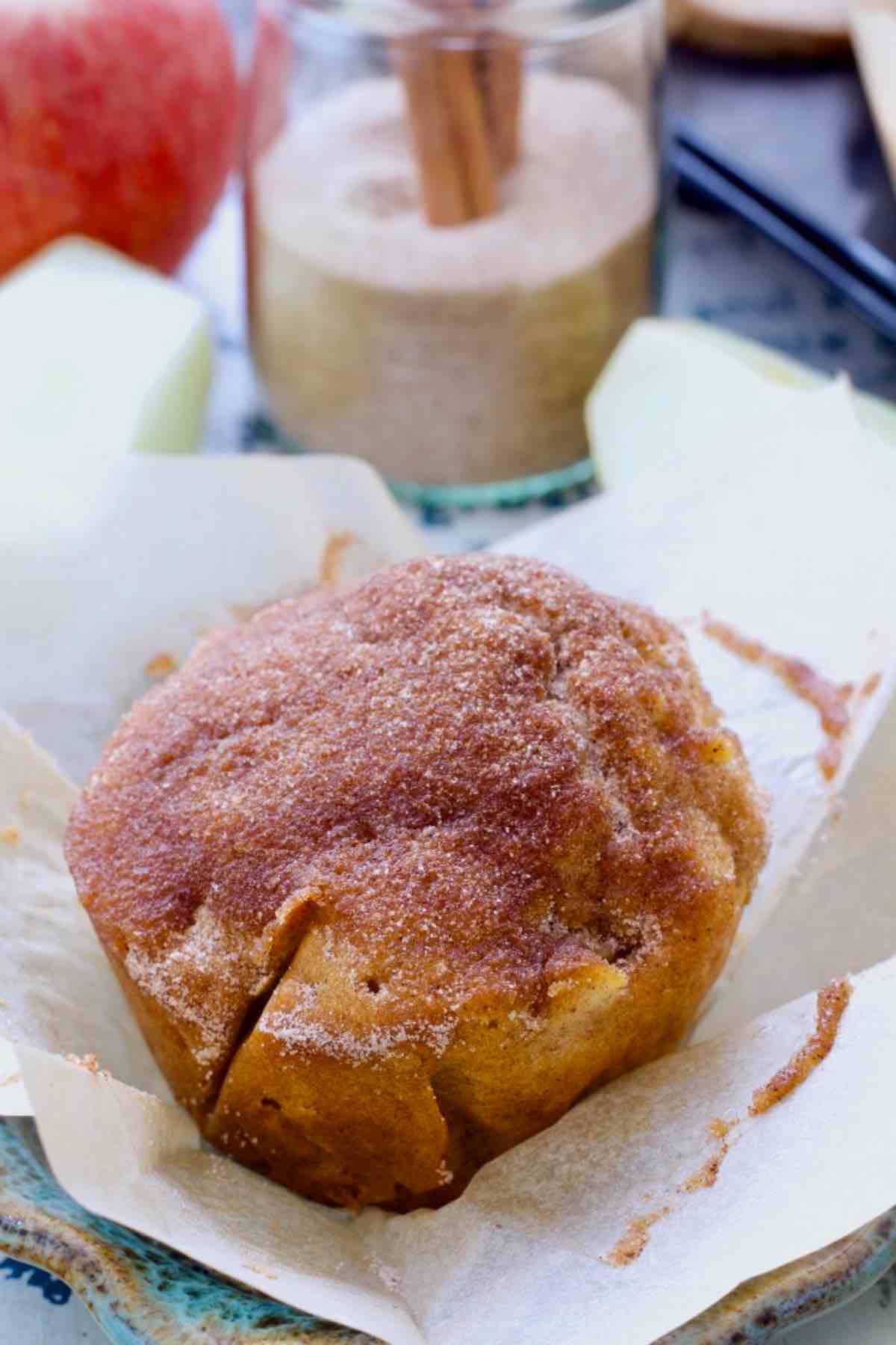 Apple and cinnamon muffin unwrapped.