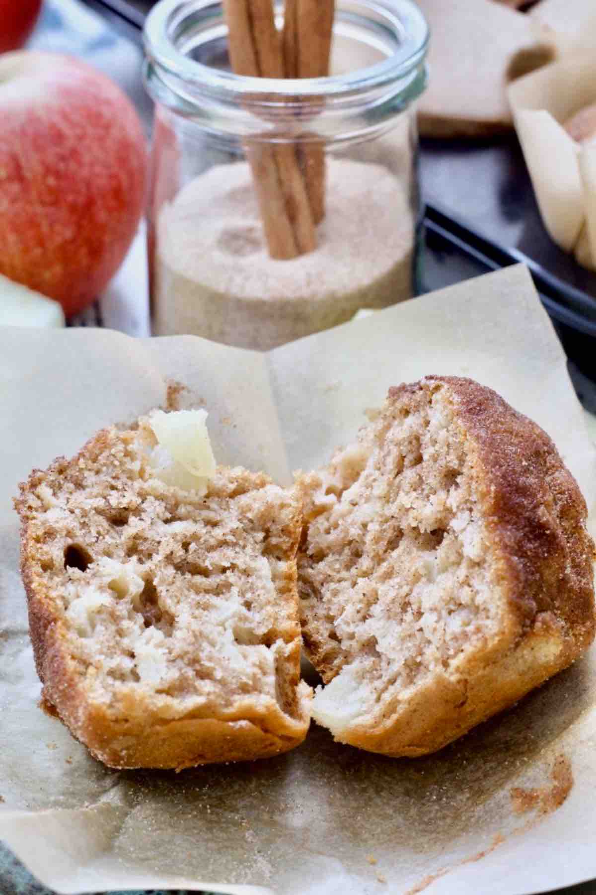 Vegan apple muffin cut in half.