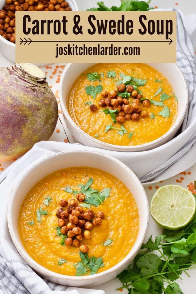 Two bowls of soup with garnishes.