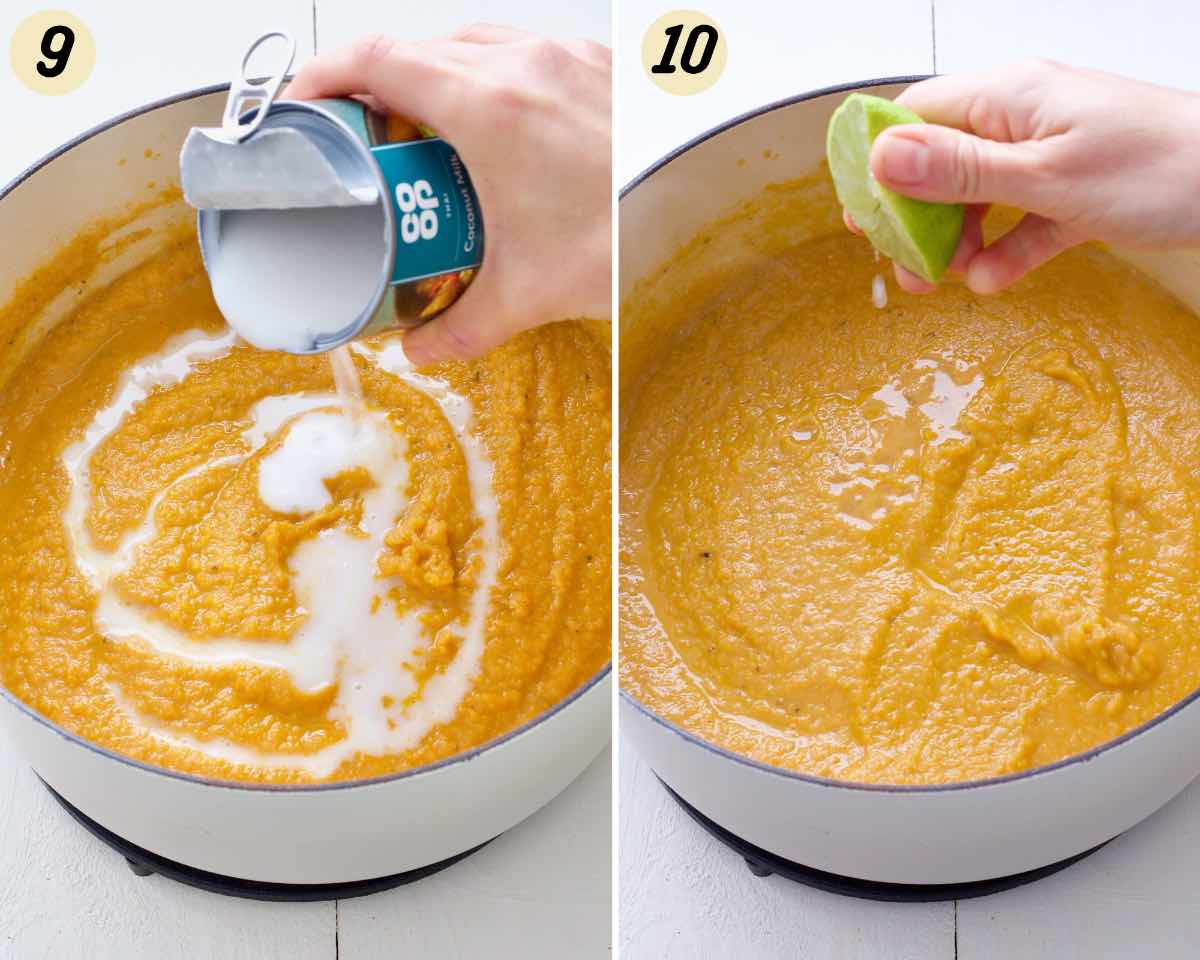 Coconut milk and lime juice being added to soup in a pot.