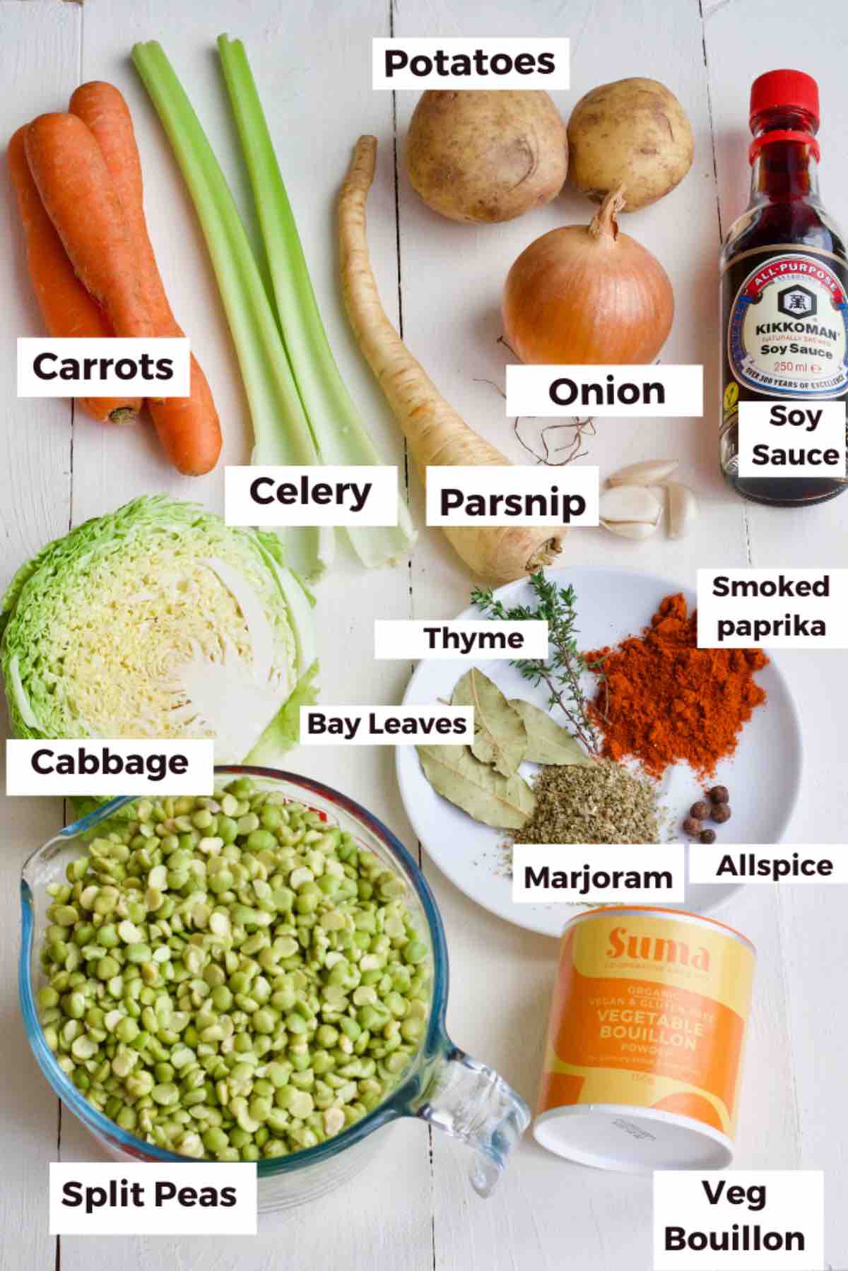 Ingredients for making vegan split pea soup.